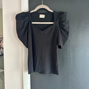 Nation Puff Sleeve V neck Short sleeve Black top, XS